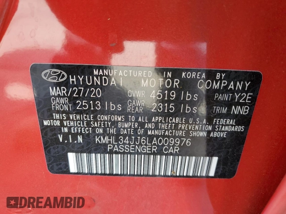 2020 Hyundai Sonata Hybrid Ultimate with VIN KMHL34JJ6LA009976, listed as a Copart auction lot 71633664 with 56,756 mi miles and Salvage Title. Bid and sale history available at carsss.com. Image 12.