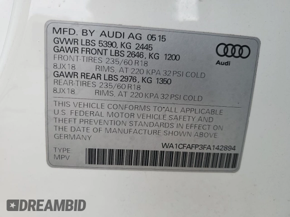 2015 Audi Q5 Premium with VIN WA1CFAFP3FA142894, listed as a Copart auction lot 81086684 with 125,502 mi miles and Salvage Title. Bid and sale history available at carsss.com. Image 13.