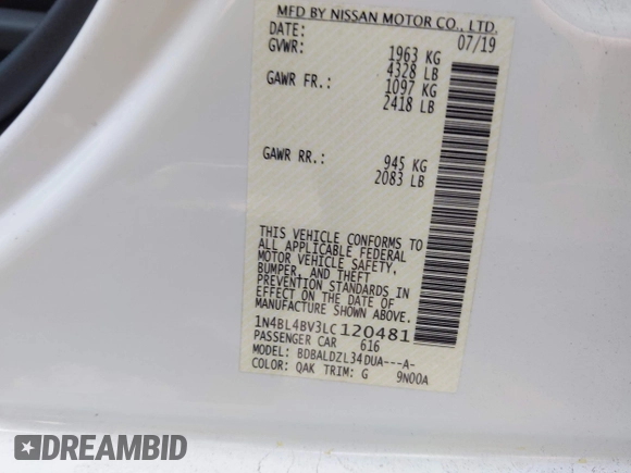 2020 Nissan Altima S с VIN 1N4BL4BV3LC120481, выставлен на аукционе IAAI как лот 42115519 с пробегом 68 779 миль миль и . История ставок и продаж доступна на DreamBid. Изображение 9.