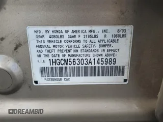 2003 Honda Accord LX with VIN 1HGCM56303A145989, listed as a Copart auction lot 56981815 with 67,652 mi miles and Salvage title. Bid and sale history available at DreamBid. Image 12.
