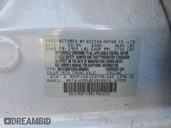 2024 Nissan Versa SR z VIN 3N1CN8FV3RL906503, wystawiony jako Copart lot #60520285 z przebiegiem 30 285 mil mil oraz Nie do naprawy • Non repairable. Historia ofert i sprzedaży dostępna na DreamBid. Obrazek 12.