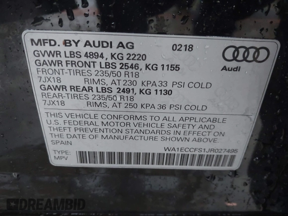 2018 Audi Q3 Premium with VIN WA1ECCFS1JR027495, listed as a IAAI auction lot 41568539 with 91,100 mi miles. Bid and sale history available at carsss.com. Image 9.