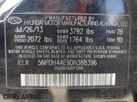 2013 Hyundai Elantra GLS z VIN 5NPDH4AE9DH388396, wystawiony jako Copart lot #48614055 z przebiegiem 96 982 mil mil oraz Szkoda całkowita • Salvage title. Historia ofert i sprzedaży dostępna na DreamBid. Obrazek 15.