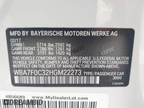 2017 BMW 7 Series 750i with VIN WBA7F0C32HGM22273, listed as a IAAI auction lot 41857151 with 90,518 mi miles and . Bid and sale history available at carsss.com. Image 9.