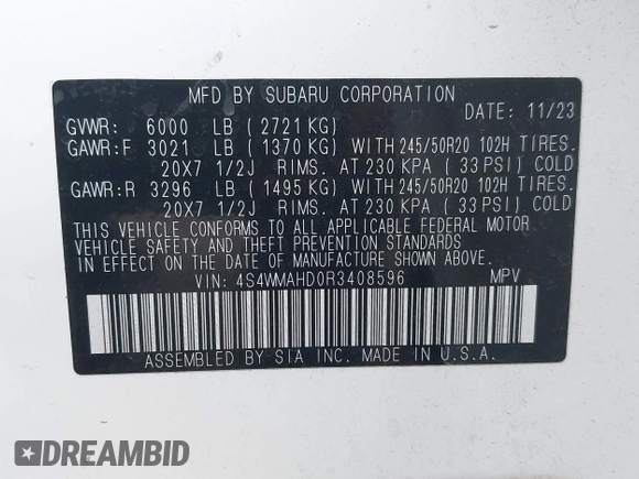 2024 Subaru Ascent Onyx with VIN 4S4WMAHD0R3408596, listed as a IAAI auction lot 42507992 with 20,346 mi miles and . Bid and sale history available at DreamBid. Image 9.