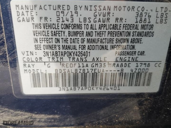 2019 Nissan Sentra S with VIN 3N1AB7AP0KY426401, listed as a Copart auction lot 53790765 with 90,826 mi miles and Salvage Title. Bid and sale history available at carsss.com. Image 12.