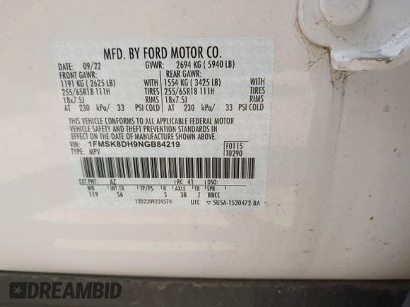 2022 Ford Explorer XLT с VIN 1FMSK8DH9NGB84219, выставлен на аукционе IAAI как лот 42491295 с пробегом 36 984 миль миль и . История ставок и продаж доступна на DreamBid. Изображение 9.
