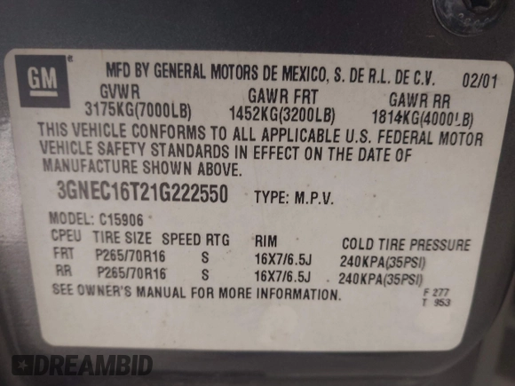 2001 Chevrolet Suburban LS with VIN 3GNEC16T21G222550, listed as a IAAI auction lot 41371629 with 261,681 mi miles. Bid and sale history available at carsss.com. Image 9.