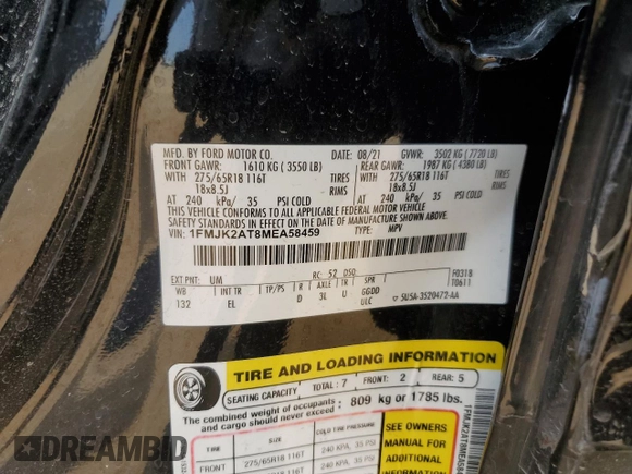 2021 Ford Expedition Max Limited с VIN 1FMJK2AT8MEA58459, выставлен на аукционе Copart как лот 55954015 с пробегом Не указан миль и Списание • Salvage title. История ставок и продаж доступна на DreamBid. Изображение 12.