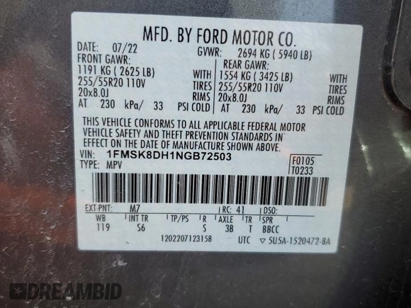 2022 Ford Explorer XLT with VIN 1FMSK8DH1NGB72503, listed as a Copart auction lot 51322615 with 24,650 mi miles and Salvage Title. Bid and sale history available at DreamBid. Image 14.