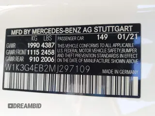 2021 Mercedes-Benz A 220 with VIN W1K3G4EB2MJ297109, listed as a IAAI auction lot 41637260 with 67,309 mi miles and . Bid and sale history available at DreamBid. Image 9.