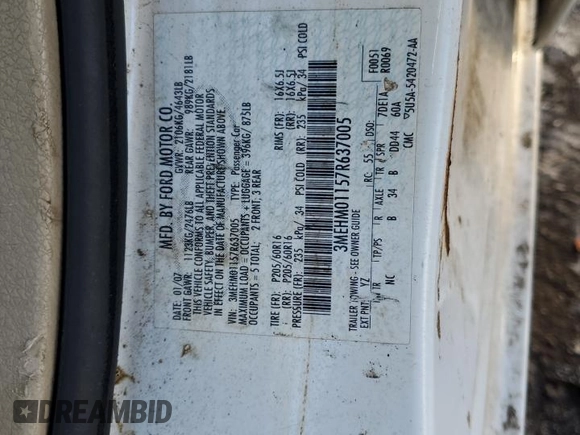2007 Mercury Milan z VIN 3MEHM01157R637005, wystawiony jako Copart lot #88439165 z przebiegiem 170 741 mil mil oraz Szkody całkowita. Historia ofert i sprzedaży dostępna na DreamBid. Obrazek 12.