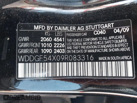 2009 Mercedes-Benz C 300 Sport with VIN WDDGF54X09R083316, listed as a IAAI auction lot 42635876 with 100,866 mi miles and . Bid and sale history available at DreamBid. Image 9.