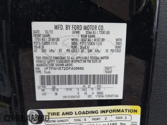 2013 Ford F-150 XL с VIN 1FTFW1ET2DFA35692, выставлен на аукционе IAAI как лот 41990512 с пробегом 104 715 миль миль и . История ставок и продаж доступна на DreamBid. Изображение 9.