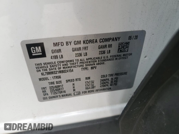 2021 Chevrolet TrailBlazer LS with VIN KL79MMS21MB024154, listed as a Copart auction lot 70743864 with 73,125 mi miles and Salvage Title. Bid and sale history available at DreamBid. Image 13.