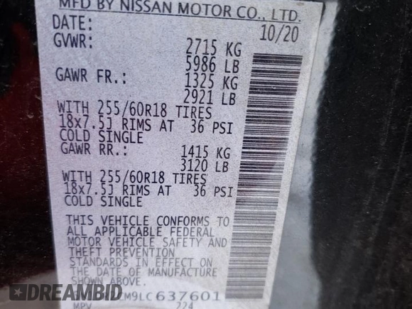 2020 Nissan Pathfinder SL z VIN 5N1DR2CM9LC637601, wystawiony jako Copart lot #44113465 z przebiegiem 24 167 mil mil oraz Szkoda całkowita • Salvage title. Historia ofert i sprzedaży dostępna na DreamBid. Obrazek 13.