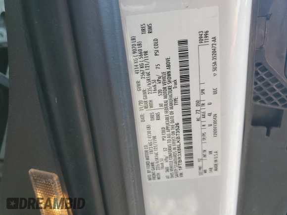 2020 Ford Transit Cargo with VIN 1FTBR3X86LKB73526, listed as a Copart auction lot 69710644 with 78,144 mi miles and Salvage Title. Bid and sale history available at DreamBid. Image 12.