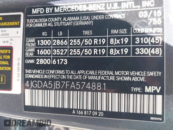 2015 Mercedes-Benz M 350 with VIN 4JGDA5JB7FA574881, listed as a IAAI auction lot 42246279 with 160,196 mi miles and . Bid and sale history available at DreamBid. Image 9.
