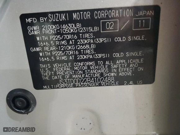 2011 Suzuki Grand Vitara Premium with VIN JS3TD0D22B4102488, listed as a Copart auction lot 88127645 with 125,206 mi miles and Salvage Title. Bid and sale history available at carsss.com. Image 13.