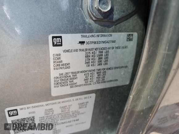 2021 GMC Sierra 1500 AT4 with VIN 3GTP9EED7MG427948, listed as a Copart auction lot 46108875 with 108,835 mi miles and Salvage Title. Bid and sale history available at carsss.com. Image 15.