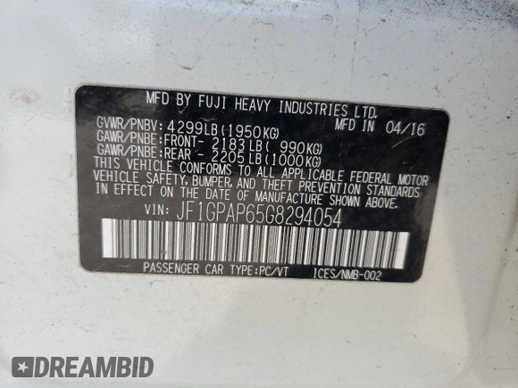 2016 Subaru Impreza Special Sports Premium with VIN JF1GPAP65G8294054, listed as a Copart auction lot 55115705 with 89,904 mi miles and Salvage title. Bid and sale history available at DreamBid. Image 13.