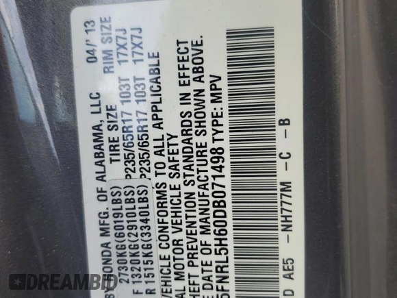 2013 Honda Odyssey EX-L with VIN 5FNRL5H60DB071498, listed as a Copart auction lot 53368995 with 135,318 mi miles and Salvage Title. Bid and sale history available at carsss.com. Image 13.
