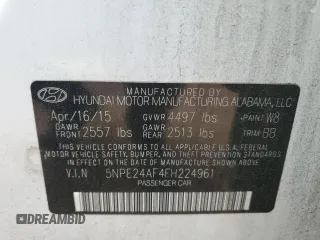 2015 Hyundai Sonata SE with VIN 5NPE24AF4FH224961, listed as a Copart auction lot 54130185 with 113,615 mi miles and Salvage Title. Bid and sale history available at DreamBid. Image 12.