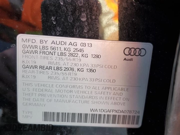 2013 Audi Q5 Premium Plus z VIN WA1DGAFPXDA078724, wystawiony jako Copart lot #45909645 z przebiegiem 144 162 mil mil oraz Szkoda całkowita • Salvage title. Historia ofert i sprzedaży dostępna na DreamBid. Obrazek 14.