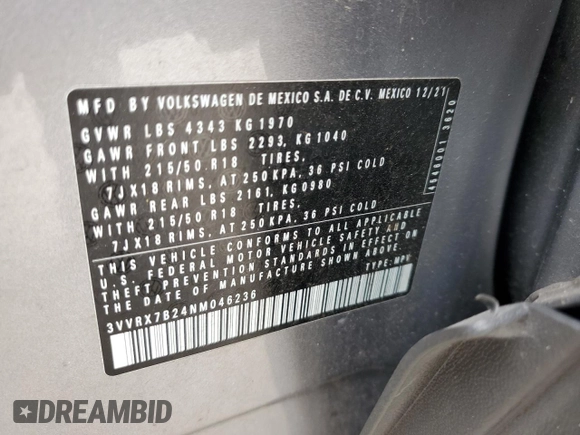 2022 Volkswagen Taos SE с VIN 3VVRX7B24NM046236, выставлен на аукционе Copart как лот 59491305 с пробегом 42 949 миль миль и Списание • Salvage title. История ставок и продаж доступна на DreamBid. Изображение 13.