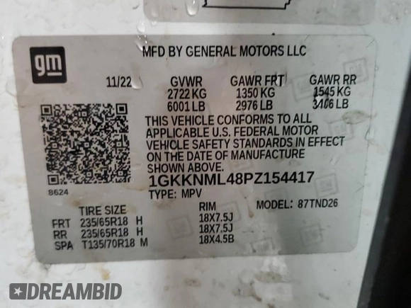 2023 GMC Acadia SLT with VIN 1GKKNML48PZ154417, listed as a Copart auction lot 54381515 with 75,352 mi miles and Clean Title. Bid and sale history available at DreamBid. Image 14.