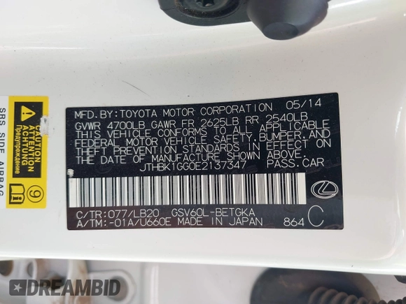 2014 Lexus ES 330 with VIN JTHBK1GG0E2137347, listed as a IAAI auction lot 42128381 with 96,612 mi miles and . Bid and sale history available at DreamBid. Image 9.