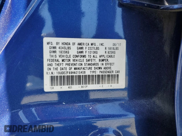 2017 Acura ILX Premium with VIN 19UDE2F88HA015459, listed as a Copart auction lot 60733435 with 95,133 mi miles and Salvage title. Bid and sale history available at DreamBid. Image 13.