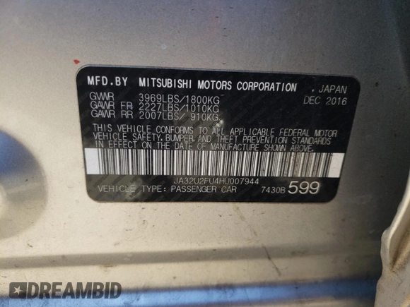 2017 Mitsubishi Lancer ES with VIN JA32U2FU4HU007944, listed as a Copart auction lot 80720234 with 125,105 mi miles and Salvage Title. Bid and sale history available at DreamBid. Image 14.