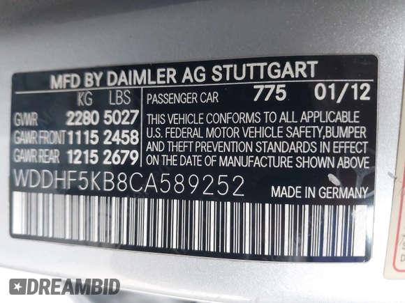 2012 Mercedes-Benz E E 350 Luxury with VIN WDDHF5KB8CA589252, listed as a IAAI auction lot 41528203 with 164,870 mi miles and . Bid and sale history available at carsss.com. Image 9.