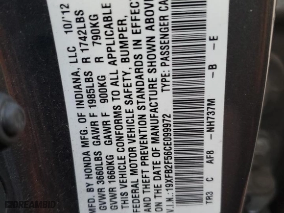 2012 Honda Civic Sdn LX with VIN 19XFB2F56CE099972, listed as a Copart auction lot 43468485 with 81,731 mi miles and Salvage Title. Bid and sale history available at carsss.com. Image 12.
