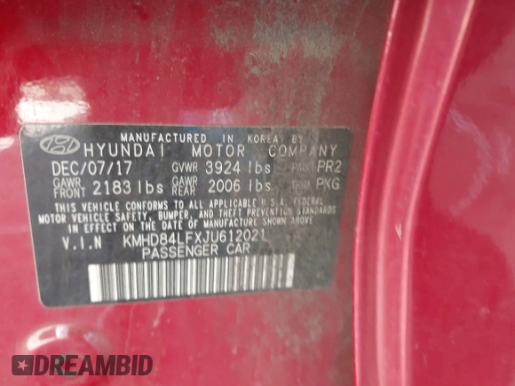 2018 Hyundai Elantra GL with VIN KMHD84LFXJU612021, listed as a IAAI auction lot 41634056 with 107,326 mi miles and . Bid and sale history available at DreamBid. Image 9.