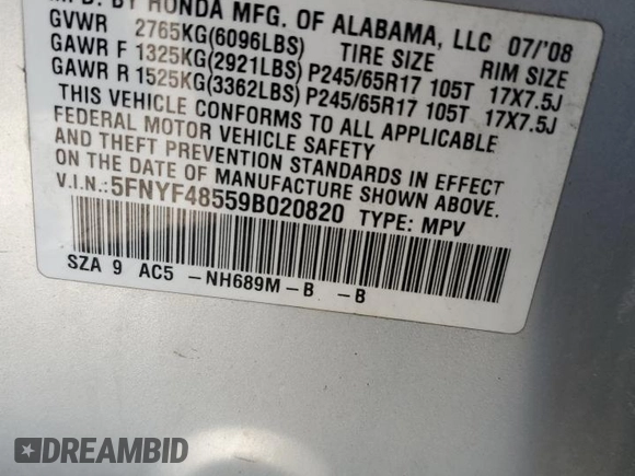 2009 Honda Pilot EX-L with VIN 5FNYF48559B020820, listed as a Copart auction lot 50194345 with 0 mi miles and Salvage Title. Bid and sale history available at carsss.com. Image 16.