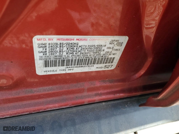 2011 Mitsubishi Outlander SE with VIN JA4AS3AW5BU019104, listed as a Copart auction lot 43281945 with 0 mi miles and Salvage Title. Bid and sale history available at carsss.com. Image 13.