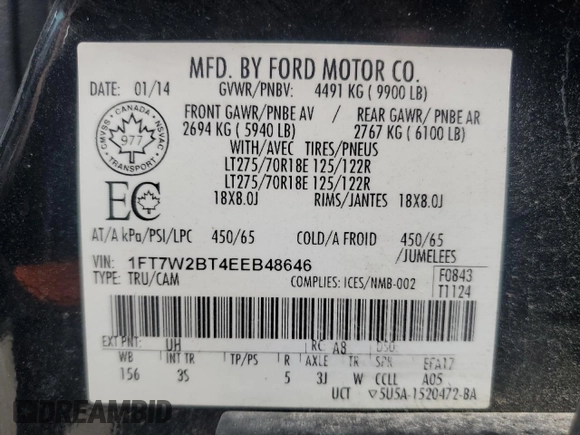 2014 Ford F-250 XL with VIN 1FT7W2BT4EEB48646, listed as a Copart auction lot 62489945 with 235,728 mi miles and Salvage title. Bid and sale history available at DreamBid. Image 12.