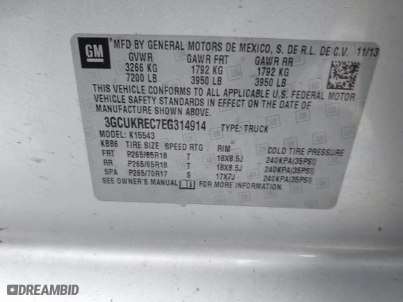 2014 Chevrolet Silverado 1500 LT with VIN 3GCUKREC7EG314914, listed as a IAAI auction lot 41368651 with 133,172 mi miles. Bid and sale history available at carsss.com. Image 9.