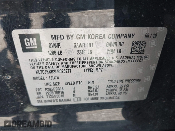 2020 Chevrolet Trax LS with VIN KL7CJKSB3LB026277, listed as a IAAI auction lot 42299054 with 81,232 mi miles and . Bid and sale history available at DreamBid. Image 9.