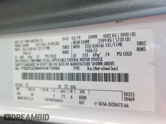2019 Ford Transit Passenger XL with VIN 1FBZX2ZM4KKA75090, listed as a Copart auction lot 59960275 with 137,417 mi miles and Non repairable. Bid and sale history available at DreamBid. Image 13.