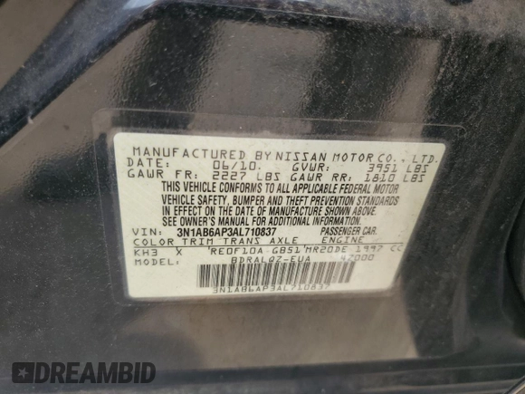 2010 Nissan Sentra S with VIN 3N1AB6AP3AL710837, listed as a Copart auction lot 61032455 with 44,853 mi miles and Clean title. Bid and sale history available at DreamBid. Image 12.