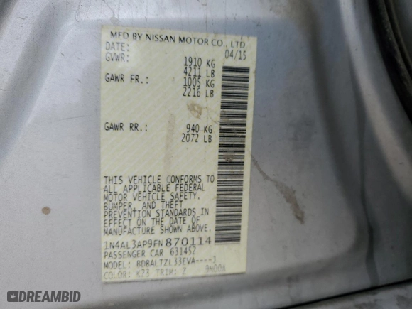 2015 Nissan Altima 2.5 S with VIN 1N4AL3AP9FN870114, listed as a Copart auction lot 86392354 with 134,435 mi miles and Salvage Title. Bid and sale history available at carsss.com. Image 12.