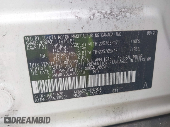 2020 Toyota RAV4 XLE with VIN 2T3W1RFV3LW100110, listed as a IAAI auction lot 42423963 with 29,066 mi miles and . Bid and sale history available at DreamBid. Image 9.