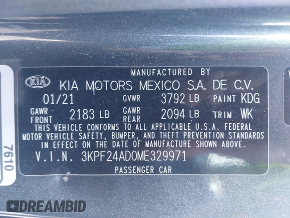 2021 Kia Forte LXS z VIN 3KPF24AD0ME329971, wystawiony jako IAAI lot #42310912 z przebiegiem 37 934 mil mil oraz . Historia ofert i sprzedaży dostępna na DreamBid. Obrazek 9.