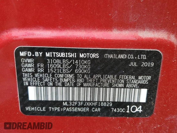 2019 Mitsubishi Mirage ES with VIN ML32F3FJXKHF18829, listed as a Copart auction lot 60101815 with 85,544 mi miles and Salvage title. Bid and sale history available at DreamBid. Image 13.