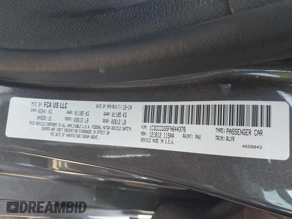 2015 Chrysler 200 S with VIN 1C3CCCDG5FN644378, listed as a IAAI auction lot 41918218 with 138,252 mi miles and . Bid and sale history available at carsss.com. Image 9.