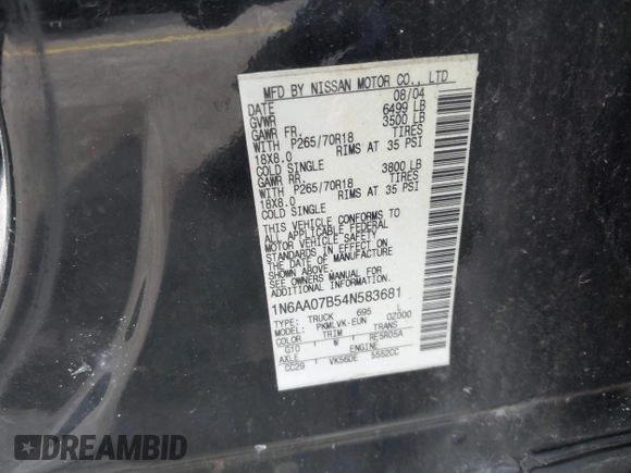 2004 Nissan Titan LE with VIN 1N6AA07B54N583681, listed as a IAAI auction lot 42549178 with 263,841 mi miles and . Bid and sale history available at DreamBid. Image 9.
