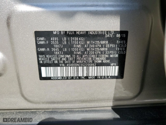 2016 Subaru Outback 2.5i Limited with VIN 4S4BSBNC0G3206862, listed as a Copart auction lot 53142034 with 71,728 mi miles and Salvage Title. Bid and sale history available at carsss.com. Image 13.
